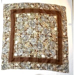 Vintage Floral Chiffon Scarf Womens Brown Sheer Lightweight Boho Necktie Cottage